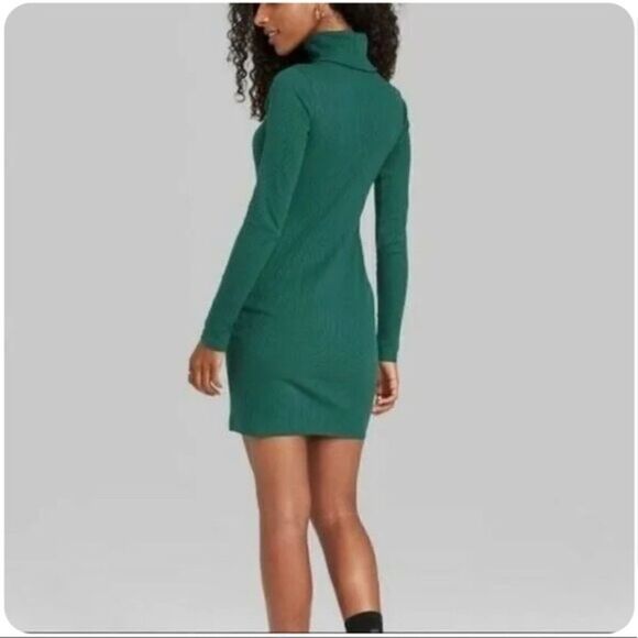 2/$30 Wild Fable Long Sleeve Turtleneck Dark Forest Green Mini Dress - Picture 2 of 7